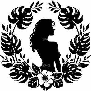 7 SVG de mujer tropical, 7 siluetas de niña con hojas de monstera, clipart de marco floral de selva para Cricut y manualidades láser