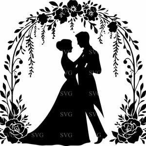 7 elegantes siluetas de pareja de novios en formato SVG, 7 novios bajo un arco floral, silueta de baile romántico para Cricut y Silhouette
