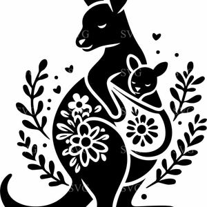 May include: Black silhouette of a kangaroo carrying a joey in its pouch. The kangaroo is surrounded by floral designs and leafy branches.