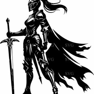 May include: A monochrome illustration of a knight in armour, holding a sword. The knight is shown in a dynamic pose, with a flowing cape and a helmet. The image is a vector graphic, suitable for various applications.