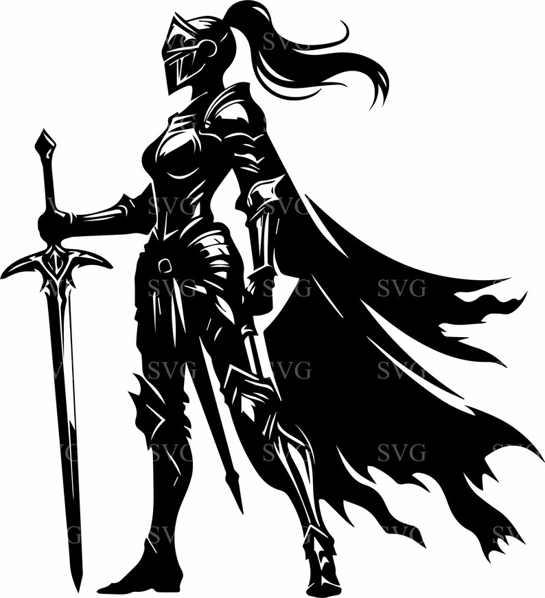 May include: A monochrome illustration of a knight in armour, holding a sword. The knight is shown in a dynamic pose, with a flowing cape and a helmet. The image is a vector graphic, suitable for various applications.