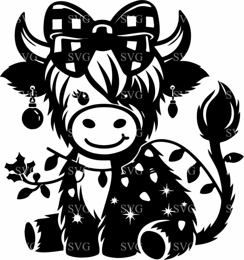 Cute Christmas Cow SVG 6 Cut File | Highland Cow With Bow Lights ...