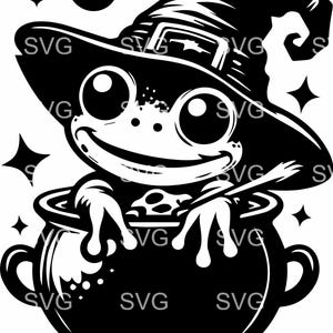 7 Witch Frog SVG 7 File di taglio / Rana carina nel calderone con cappello da strega / Clipart di animali di Halloween per Cricut e Silhouette