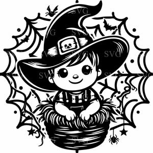 8つのかわいいハロウィン魔女ボーイSVG | 8つのバスケットに入った赤ちゃん魔女クリップアート | Cricut用クモの巣とコウモリの魔女帽子カットファイル