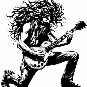 Peut inclure: Illustration en noir et blanc d'un musicien à genoux jouant d'une guitare électrique. Le musicien a de longs cheveux flottants et porte un gilet et un pantalon. La guitare a un corps blanc et un manche noir.