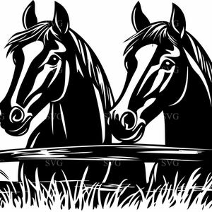 Fichier de coupe 4 chevaux SVG, deux chevaux à la clôture des cliparts, conception rustique des animaux de la ferme