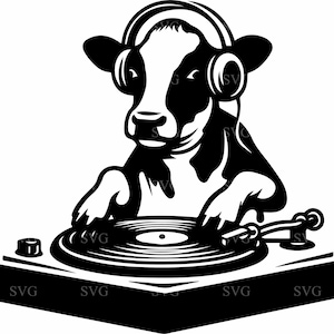 6 DJ koe SVG, grappige muziek koe met koptelefoon en draaitafel gesneden bestand voor Cricut, boerderijdieren remix clipartontwerp