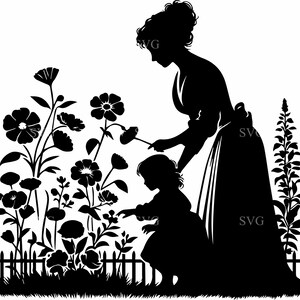 4 SVG de abuela y niño en el jardín: 4 siluetas de escenas de jardín vintage, PNG del Día de la Madre, imágenes prediseñadas de granja familiar para Cricut y corte láser