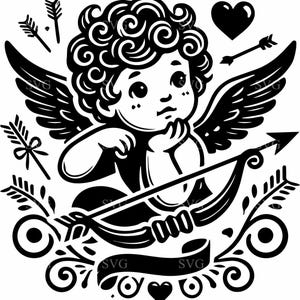 4 Cupid with Bow SVG 4 Cut File - Cute Cherub with Arrow and Hearts Silhouette for Valentine&#39;s Day Crafts and Romantic Decor