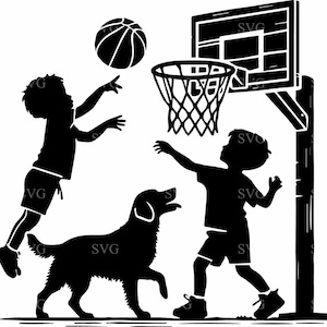 バスケットボールをする子供たちと犬 SVG 4 カット ファイル - ペットを見ながらバスケットボールをする男の子のシルエット - 楽しいスポーツ デザイン