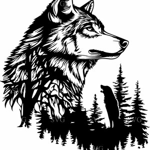 May include: Black and white silhouette of a wolf's head with a forest background. The wolf is looking to the right and has a determined expression. The forest is made up of pine trees.