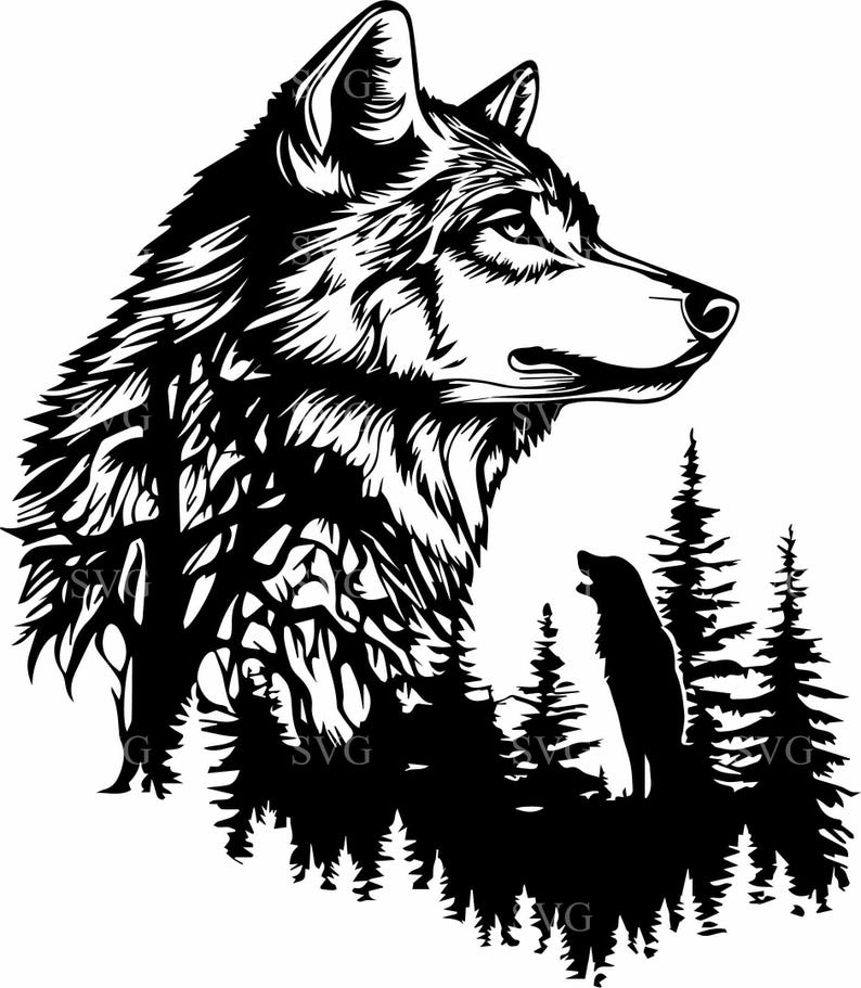 May include: Black and white silhouette of a wolf's head with a forest background. The wolf is looking to the right and has a determined expression. The forest is made up of pine trees.