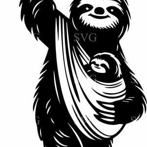 Maman et bébé paresseux fichier coupe SVG 3, paresseux suspendu mignon avec nouveau-né dans un écharpe, Silhouette animale de la jungle, téléchargement numérique