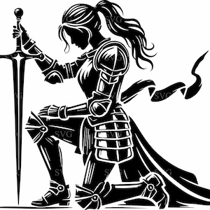 May include: A black and white illustration of a woman in armor kneeling with a sword in her hand.
