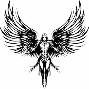 Peut inclure: Illustration en noir et blanc d'un ange avec de grandes ailes déployées. L'ange a une tête voilée et un corps musclé.