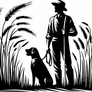 5 SVG de cazador y perro, 5 siluetas de hombre y perro, vector de escena de campo de trigo, archivo de corte Cricut de aventura al aire libre
