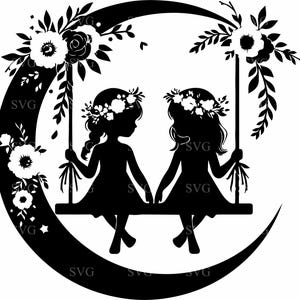 6 Duas meninas em um balanço floral lunar SVG 6 Arquivo de corte Silhueta Amizade Clipart para Cricut e Silhouette Crafts