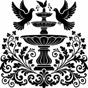 Vogel Brunnen SVG 7 Schnittdatei, Eleganter Wasserbrunnen mit Vögeln und Blättern, Digital Download für Kunsthandwerk