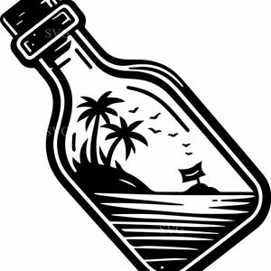 8 messaggi in bottiglia SVG, 8 silhouette di scene di isole tropicali, vettore di spiaggia e oceano, design di avventure nautiche Cricut
