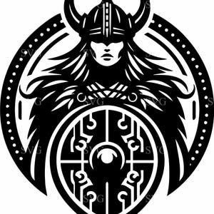 May include: Black and white illustration of a female warrior wearing a horned helmet and holding a shield. The shield has a circular design with a central eye.