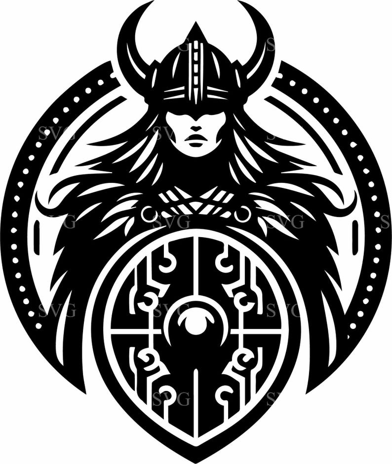 May include: Black and white illustration of a female warrior wearing a horned helmet and holding a shield. The shield has a circular design with a central eye.