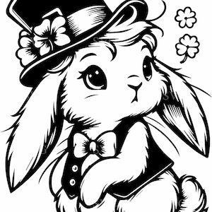 Adorabile coniglietto con cappello a cilindro SVG 4 Cut File – Simpatico coniglio con papillon e trifoglio, perfetto per i lavoretti di San Patrizio