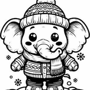 May include: Black and white illustration of a cartoon elephant wearing a winter hat with a pom-pom, a scarf, and a sweater. The elephant is standing in the snow with snowflakes around it. The elephant has large eyes and a smiling expression.