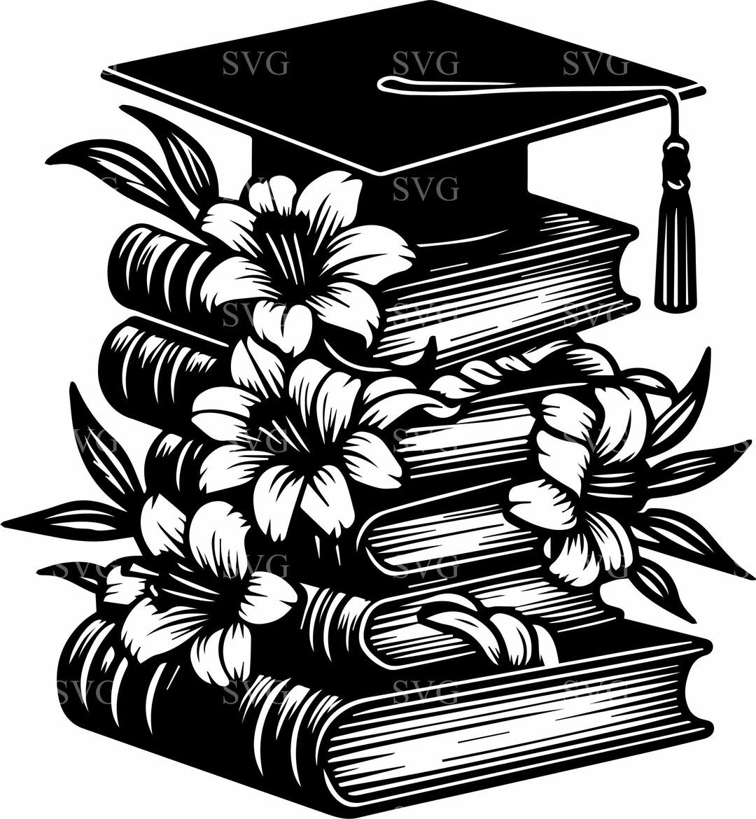 8 Floral Graduation Books SVG, Stacked Academic Silhouette Cut File ...