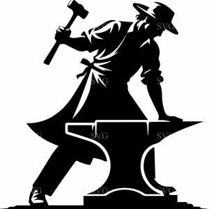 Può includere: Silhouette in bianco e nero di un fabbro al lavoro. La figura, con cappello e grembiule, batte con un martello su un'incudine. Grafica vettoriale per progetti di design.