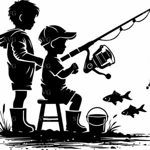男の子の釣り SVG 4 カット ファイル - 釣り竿とバケツを持った 2 人の子供のシルエット - アウトドア アドベンチャー デザイン