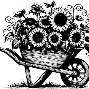 6 Sunflower bouquet – 6 Wheelbarrow SVG cut file – Garden flower cart design for rustic farmhouse crafts and spring decor