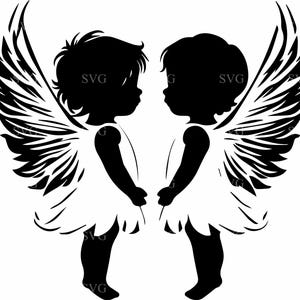 File di taglio SVG 6 Angel Boy and Girl, Silhouette di cherubino carino, Clipart di ali celesti per Cricut, Decalcomania in vinile, Arte commemorativa