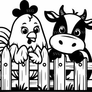 6 Kuh und Hahn SVG, 6 Tiere auf dem Bauernhof geschnitten Datei, süße Kuh Huhn SVG, Barnyard Freunde SVG, Bauernhof Zaun Clipart