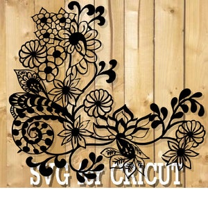 May include: Black and white floral design with intricate details, perfect for crafting projects. The design features a variety of flowers, leaves, and swirls.  SVG for Cricut.