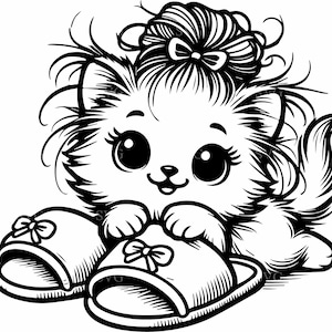 May include: A black and white line drawing of a cartoon cat wearing a bow and slippers. The cat has large eyes and a fluffy tail.