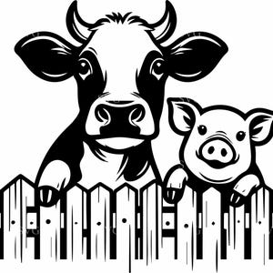 7 vacas y cerdos SVG, 7 animales de granja lindos, cerca de granja SVG, imágenes prediseñadas de amigos del corral, granja rural Svg