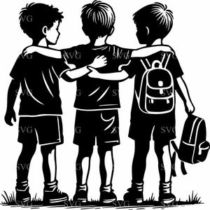 3 人の男の子 SVG 5 カット ファイル - 友情のシルエット デザイン - 心温まる子供のシーン (クラフト用)