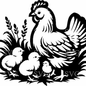 Gallina y pollitos SVG 4 Archivo de corte / Clipart de animales de granja para Cricut / Diseño de gallina con pollitos SVG
