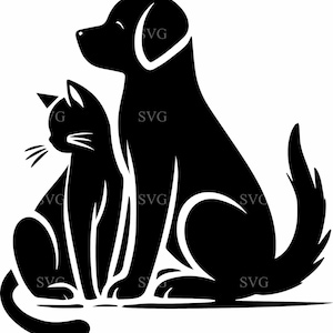 Puede incluir: Gráfico en blanco y negro de un perro y un gato sentados juntos. El perro es más grande y está sentado erguido, mientras que el gato está sentado a su lado. La imagen tiene el texto "SVG" repetido.
