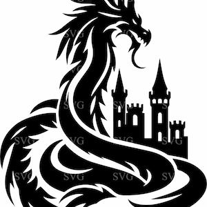 Majestic Dragon SVG 4 File di taglio - Silhouette di drago fantasy con castello - Clipart mitico per Cricut e Silhouette