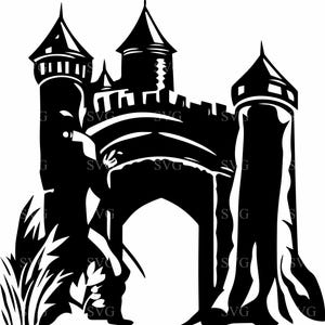 May include: Black and white silhouette of a castle with a large archway. The castle has tall towers and a pointed roof. The archway is open and leads to a grassy area.