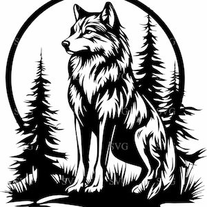 Majestic Wolf SVG, 8 Silhouette di animali selvatici della foresta, Lupo solitario con pini Clipart, File di taglio della natura per Cricut e sublimazione