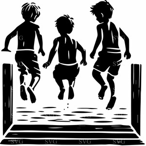 May include: Three black silhouettes of children jumping off a wooden platform into a body of water. The children are wearing swimsuits and are in mid-air.