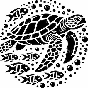 Zeeschildpad SVG 5 gesneden bestand - Ocean Life silhouet met zwemmende vissen en bubbels - mariene clipart voor Crafts & Decor