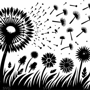 Könnte beinhalten: Schwarz-weiße Grafik einer Pusteblume, deren Samen sich im Wind verteilen. Das Bild zeigt auch andere Pusteblumen, Knospen und Grashalme. Das Design eignet sich für verschiedene Bastelprojekte.