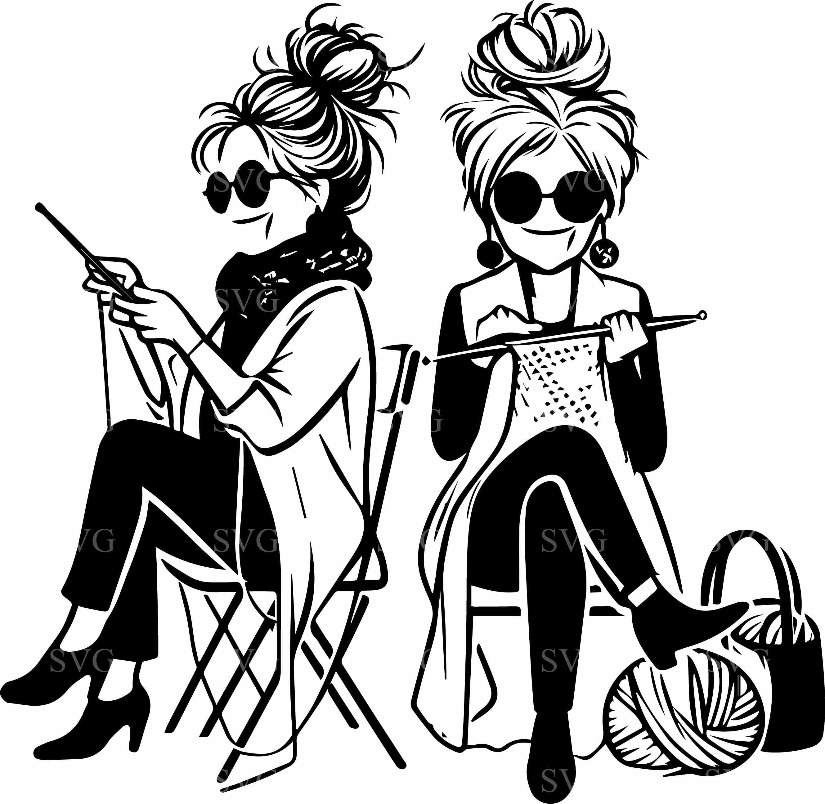 5 Crochet Ladies SVG, Women Knitting With Yarn and Hooks