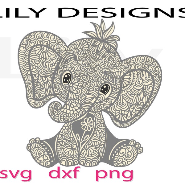 Floral Elephant Svg, Elephant Svg, Elephant Cricut Svg, Elephant Mandala Svg, Sitting Elephant Svg, Baby Elephant Svg, Cute Animal Svg