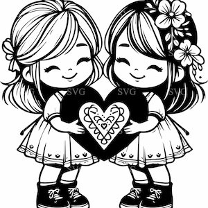 Dos niñas tomadas de la mano, archivo SVG 4 de corte, diseño de silueta de corazón, manualidad de amistad DIY