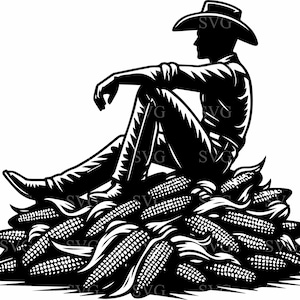 8 archivos SVG de corte de maíz de vaquero, 8 siluetas PNG de granjero sentado para Cricut y proyectos de manualidades de otoño de Country Harvest Farm