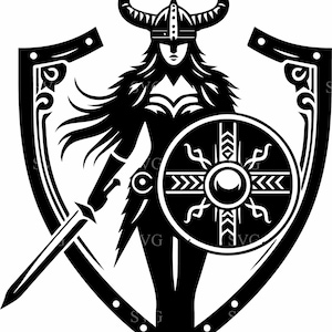 May include: Black and white illustration of a female warrior holding a sword and shield. She is wearing a horned helmet and a shield with a circular design. The warrior is standing inside a shield-shaped frame.